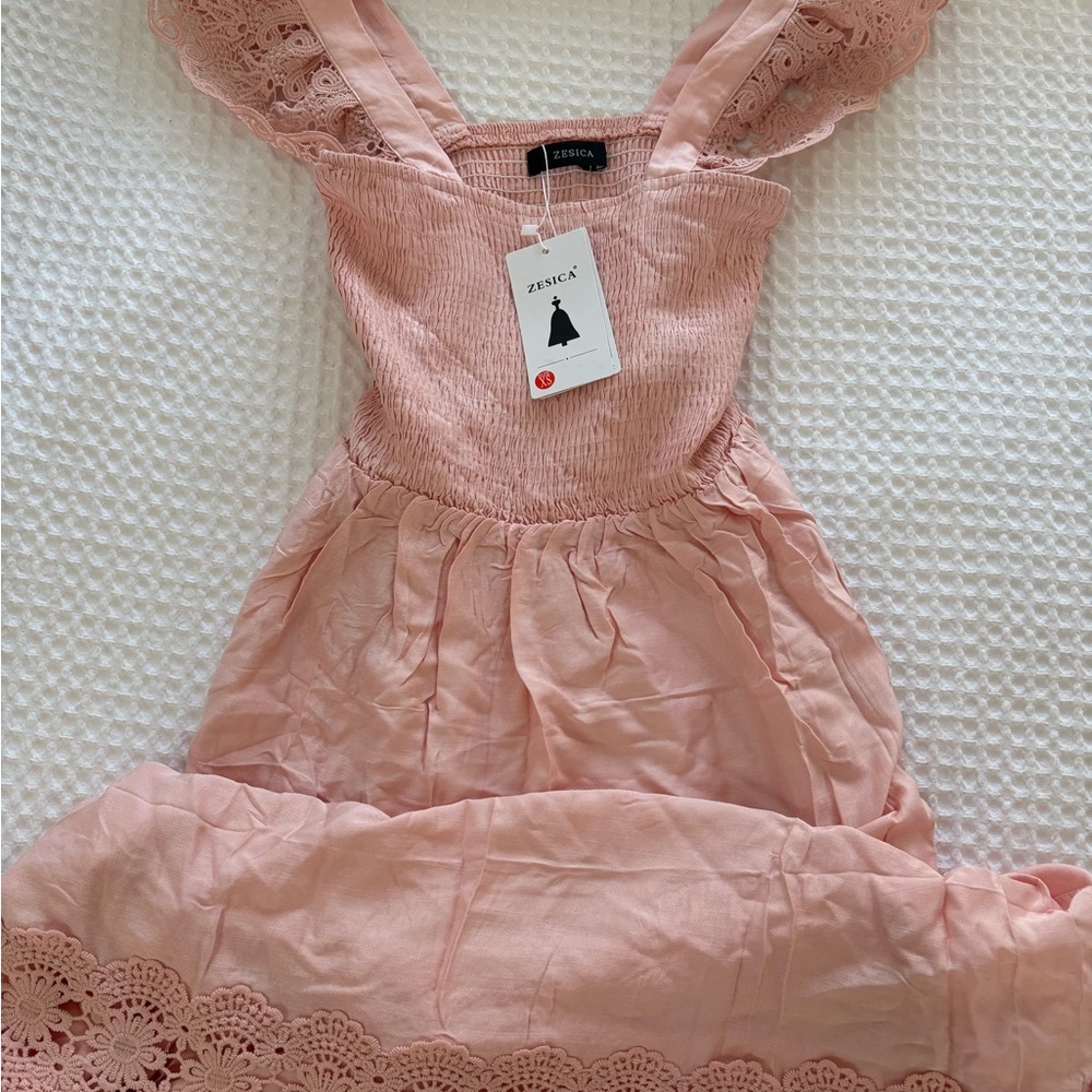 Pink Ruffled Sundress with Flutter Sleeves for Wedding Guest